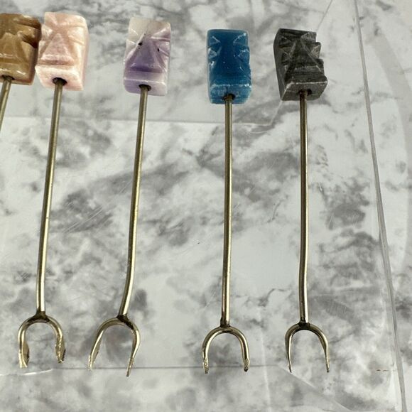 Vintage Tiki Easter Island Cocktail Appetizer Forks Skewer Carved Stone Set 12 - Picture 7 of 8
